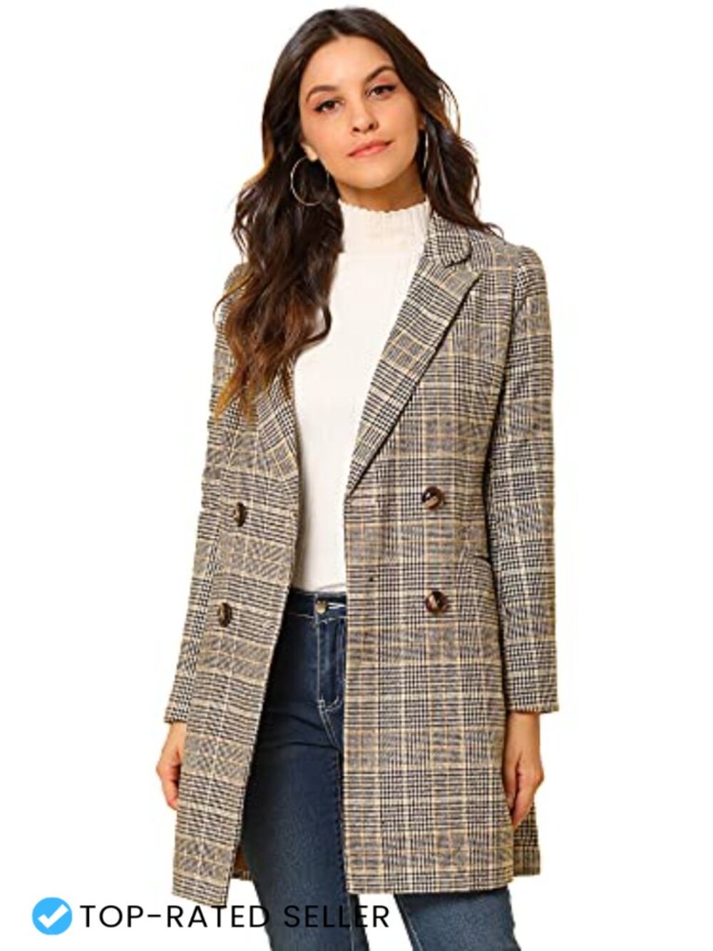 Plaid Double Breasted Notched Lapel Trench Blazer Coat Long Sleeve Regular Fit